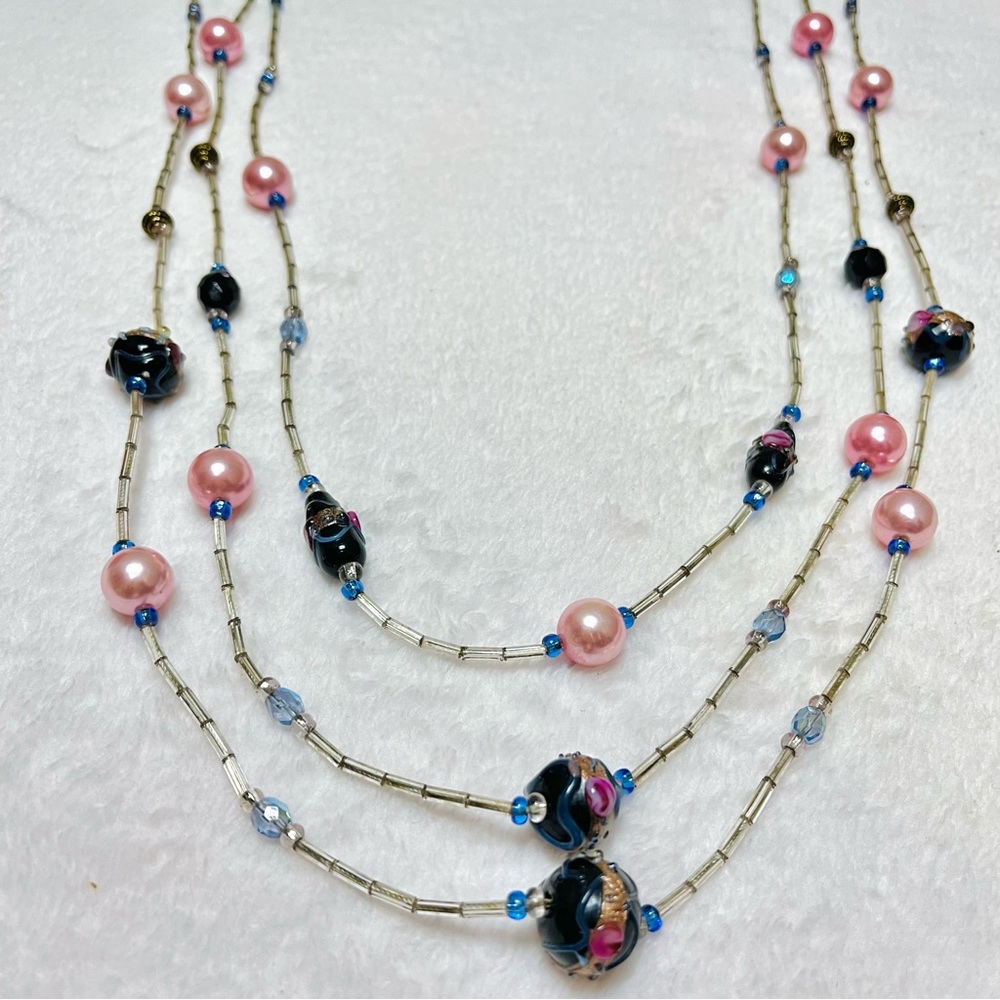 Vintage 3-strand Wedding Cake Beaded Necklace with Bugle Beads & Pink Pearls